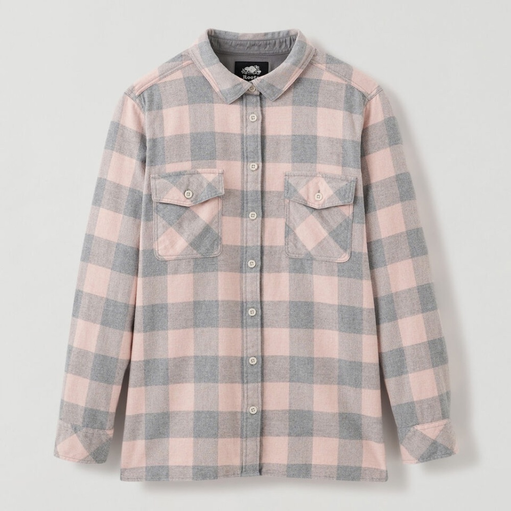 Roots Park Plaid Pastel Pink Grey Shacket Flannel Button Down Long Sleeve Thick